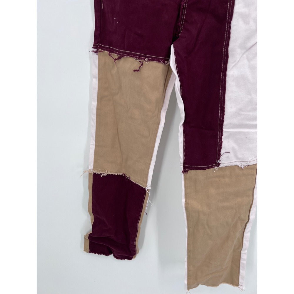 Patchwork Colorblock Jeans Burgundy Tan White Frayed Hem Size M NWT - Picture 2 of 9